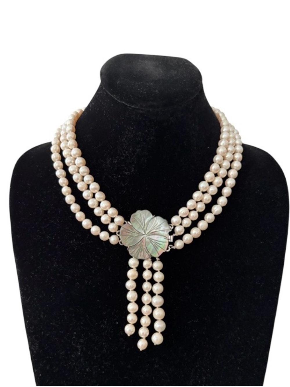 Vintage Genuine Pearl Multi-Strand Necklace with Mother-of-Pearl Floral Clasp.